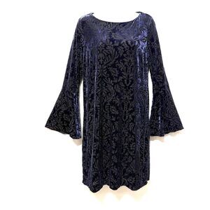 Beige by eci Navy Blue Velvet Damask Burnout Bell Sleeve Keyhole Dress Size S